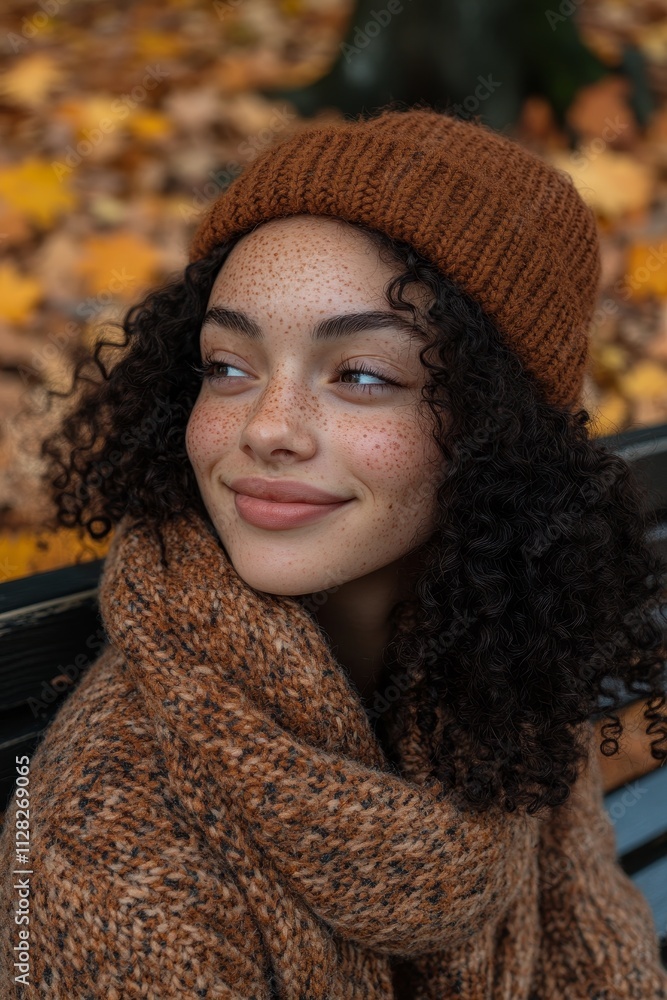 Smiling young woman in a knitted hat and scarf surrounded by vibrant autumn leaves. Smiling young woman in a knitted hat and scarf surrounded by vibrant autumn leaves.