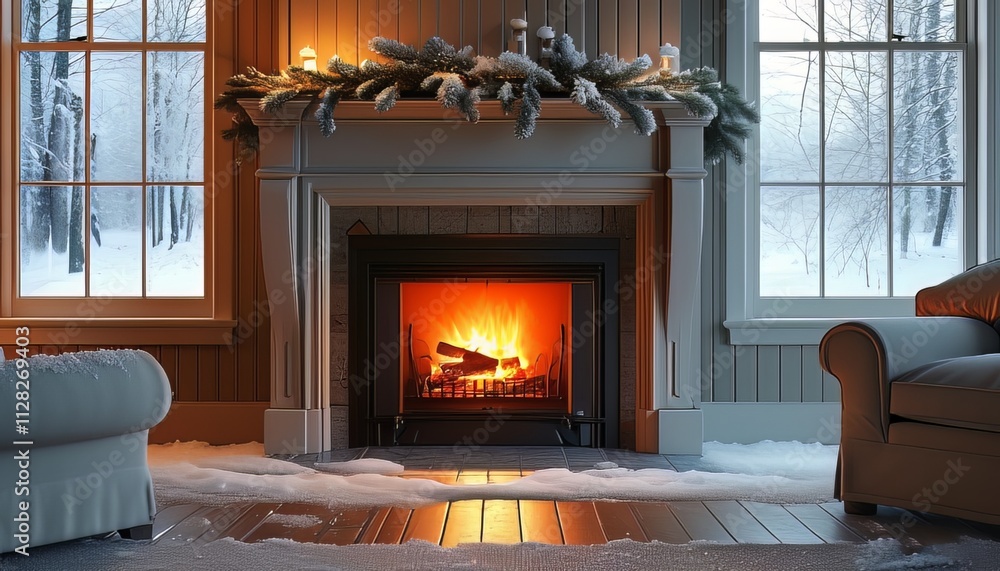 A cozy living room with a fireplace glowing softly, surrounded by snow-covered windows. A cozy living room with a fireplace glowing softly, surrounded by snow-covered windows.