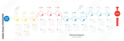 Infographic template for business. 12 Months Timeline 2025 calendar, 4 quarter steps milestone presentation vector infographic.