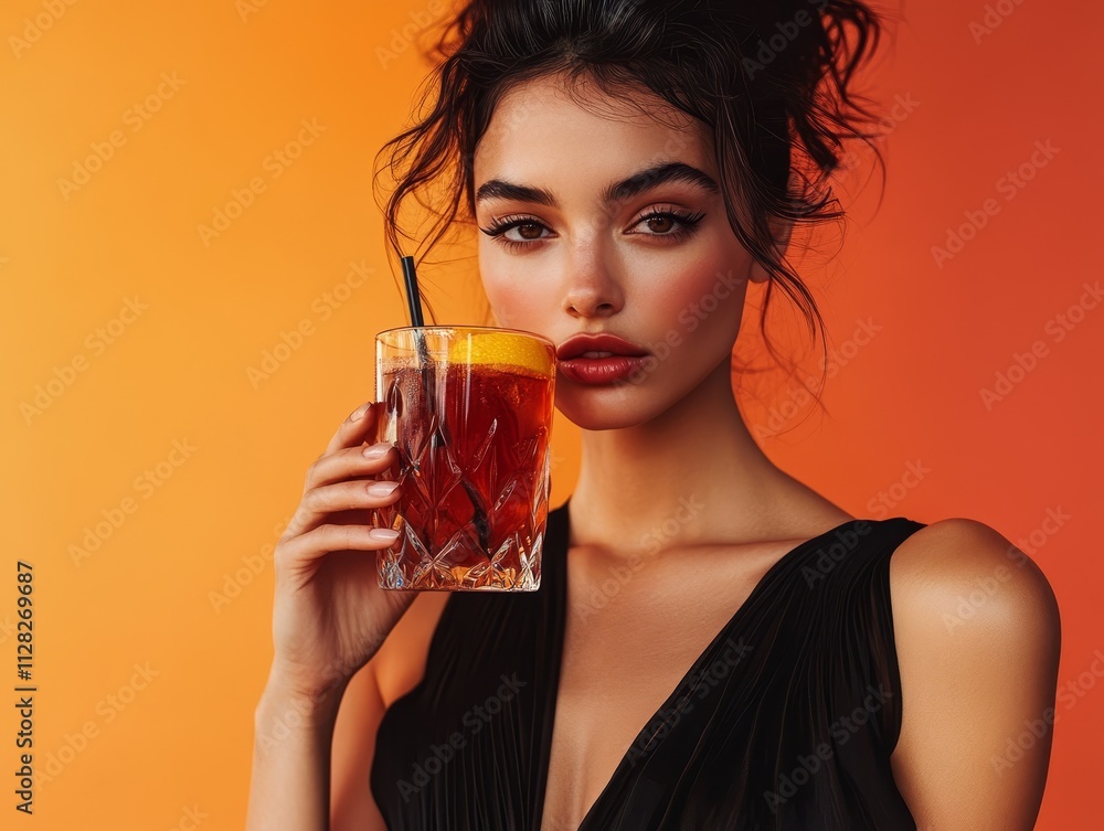Stylish woman in black dress holds cocktail against vibrant orange backdrop, showcasing elegance and modern lifestyle. Stylish woman in black dress holds cocktail against vibrant orange backdrop, showcasing elegance and modern lifestyle.