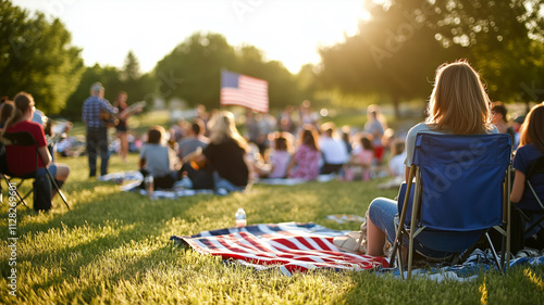 A community band performing patriotic songs at an outdoor Memorial Day event, with an audience of families seated on blankets and folding chairs. Ai generated