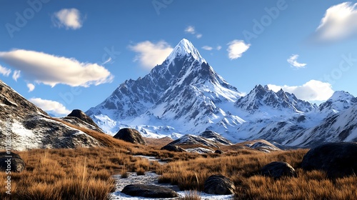 Majestic Himalayan Peak: 3D Render of a Snow-Capped Mountain at Sunrise AI Generated