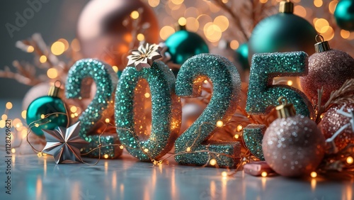 Futuristic 2025 New Year's Eve, Minimalist Decor with Iridescent Glitter Ornaments, Shimmering Metallic Accents, and Warm Bokeh Lighting photo