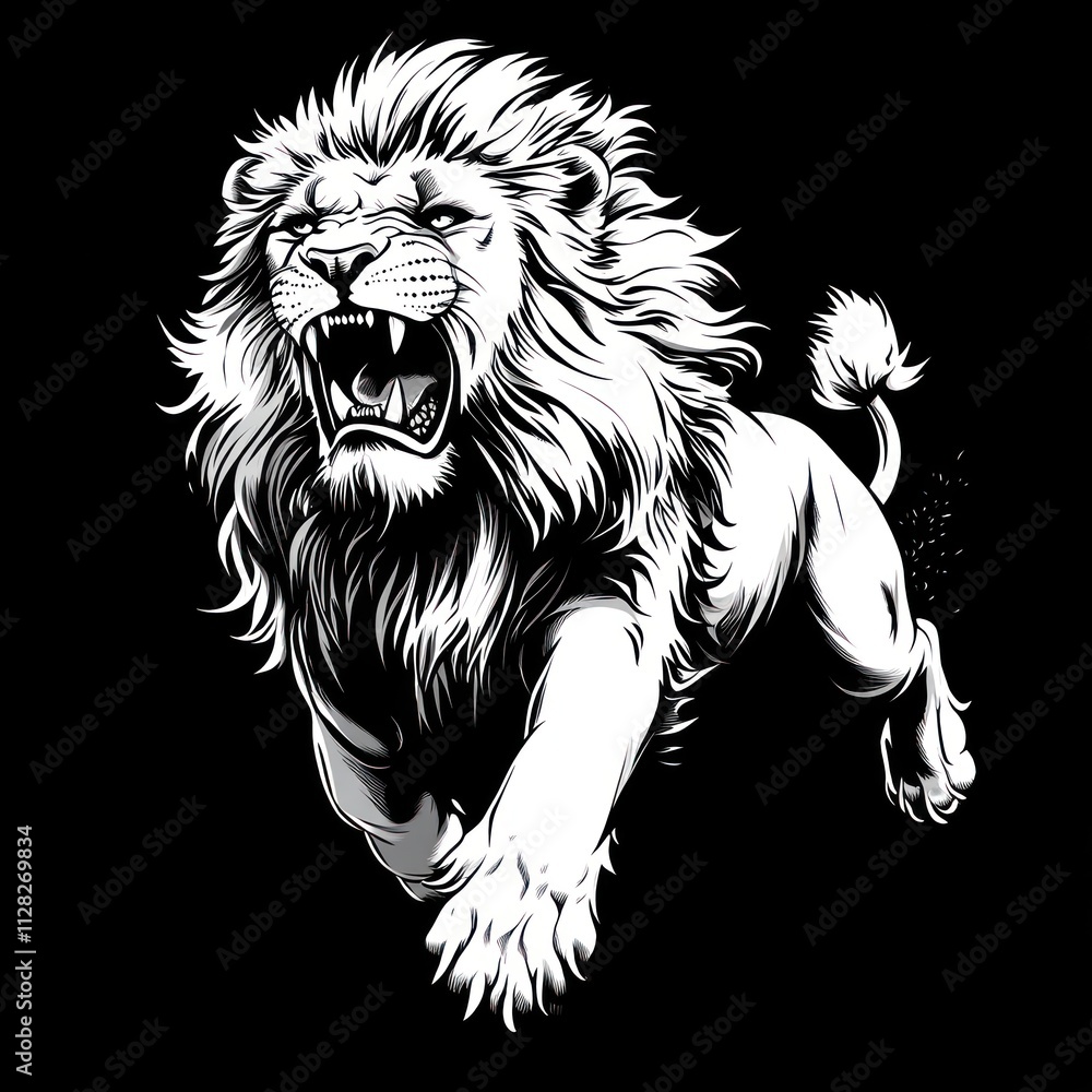 Obraz premium Roaring lion in monochrome, leaping forward.