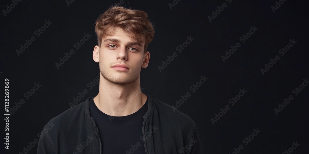 Obraz premium A young man with a stylish look exudes confidence and charm in a portrait that captures youthful exuberance and modern fashion against a dark backdrop.