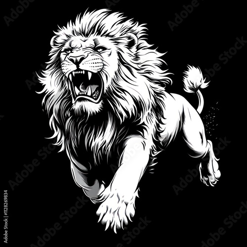 Roaring lion in monochrome, leaping forward.