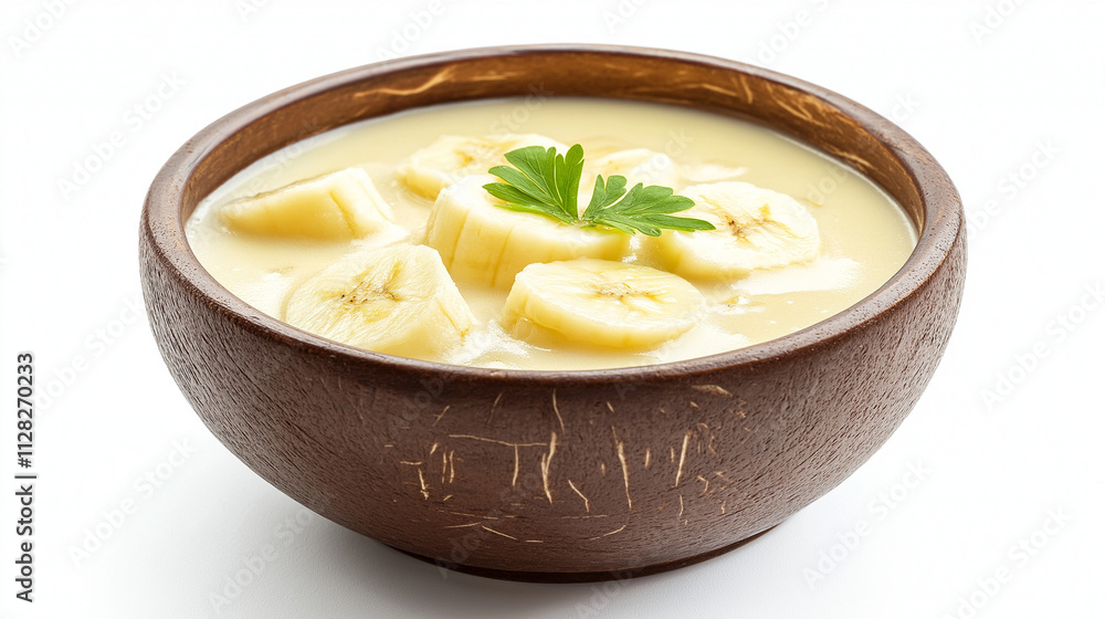Creamy Banana Dessert in Wooden Bowl Sweet, Creamy, Delicious. Generative Ai. Creamy Banana Dessert in Wooden Bowl Sweet, Creamy, Delicious. Generative Ai.