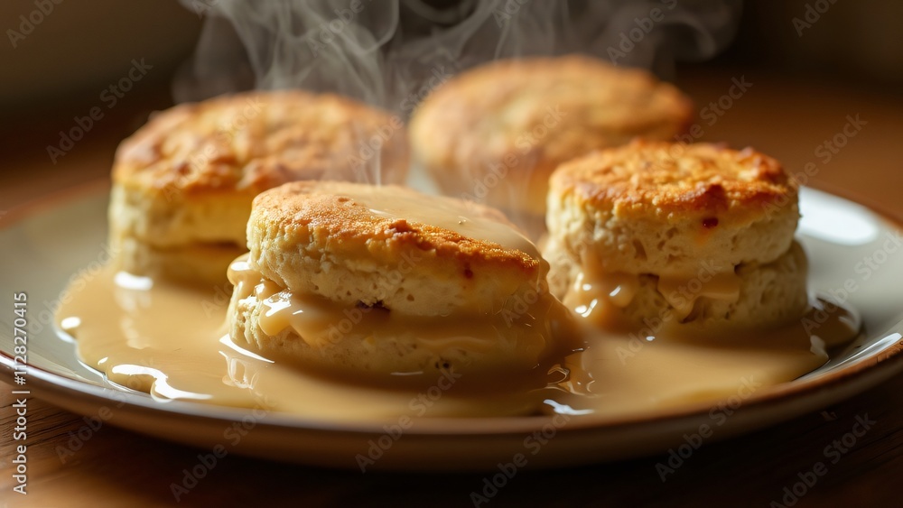 Golden-Brown Biscuits Drenched in Creamy Gravy, A Warm and Comforting Food Photography Golden-Brown Biscuits Drenched in Creamy Gravy, A Warm and Comforting Food Photography