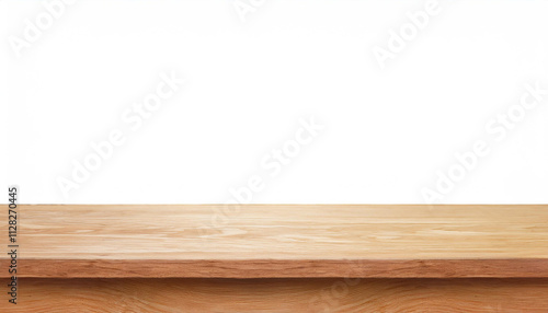 Empty wooden tabletop isolated on white background. For your product placement or montage with focus to the table top in the foreground. Empty rustic wooden shelf. Object with clipping path