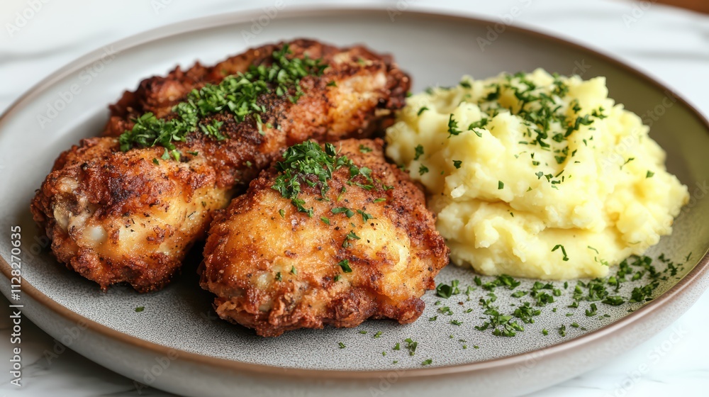 Savoring Crispy Fried Chicken Kitchen Table Food Plating Cozy Home Close-Up Golden Brown Delight Savoring Crispy Fried Chicken Kitchen Table Food Plating Cozy Home Close-Up Golden Brown Delight