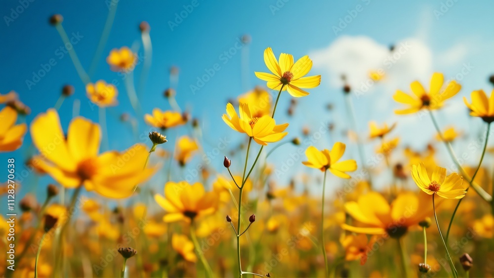 Fototapeta premium Serene Yellow Cosmos Field, Vibrant Blooms Under a Sunny Blue Sky - Tranquil Nature Photography