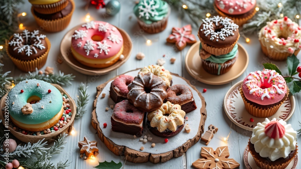 Whimsical Winter Wonderland Dessert Table, Festive Cookies, Brownies, Donuts & Cupcakes Aerial View Whimsical Winter Wonderland Dessert Table, Festive Cookies, Brownies, Donuts & Cupcakes Aerial View