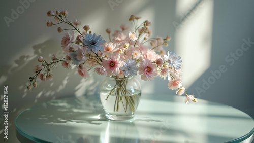 Ethereal Pastel Flower Arrangement on Glass Table, Moonlit Shadows and Delicate Blooms