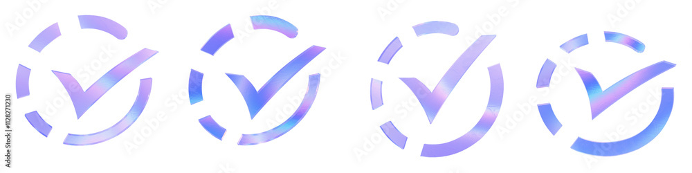 Set of 4 3d glass in progress with check mark in a circle outline shape with aberration effect isolated on a transparent background. Blue tone. 3d transparent elements for graphic design. Set of 4 3d glass in progress with check mark in a circle outline shape with aberration effect isolated on a transparent background. Blue tone. 3d transparent elements for graphic design.