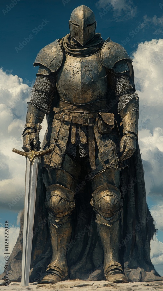 Fototapeta premium Armored knight standing in a dramatic cloudy sky background