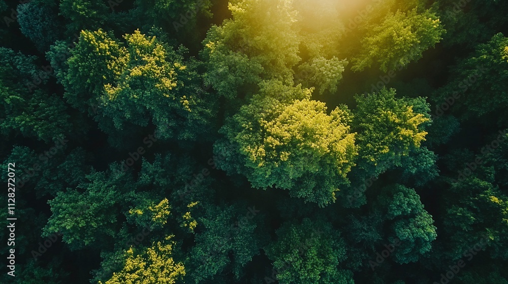 Aerial view of lush green forest canopy in sunlight. Aerial view of lush green forest canopy in sunlight.