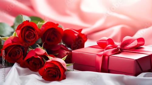 Red roses and a gift box for Valentine's Day, symbolizing romance, love, and a heartfelt celebration