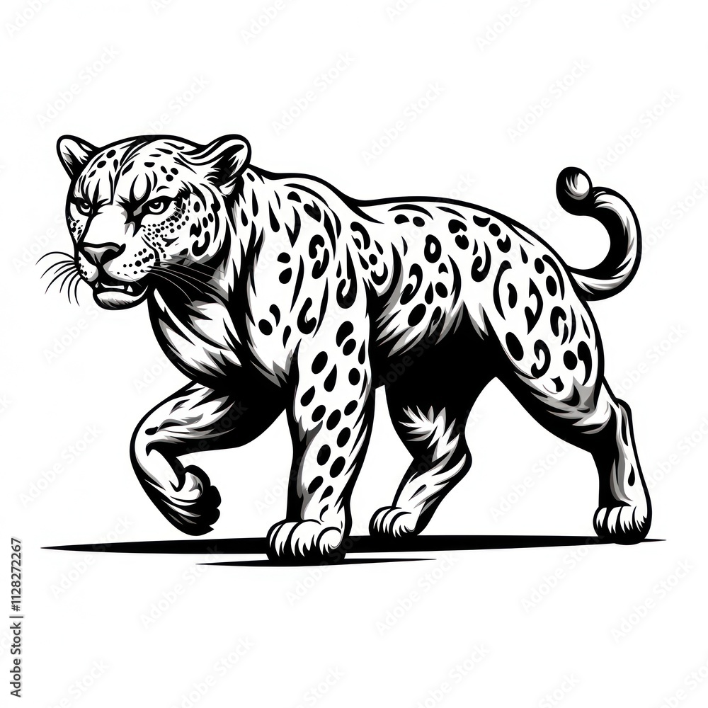 Fototapeta premium Majestic jaguar illustration, black and white, walking.