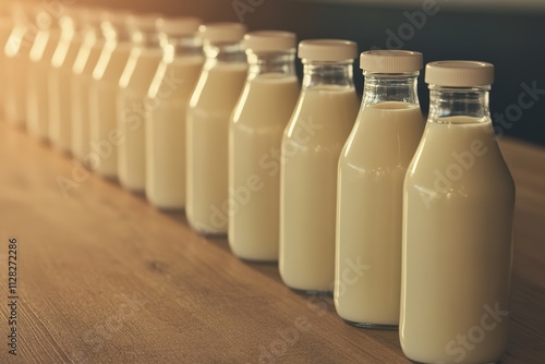 row of glass milk bottles with cream tops neatly arranged on rustic wooden counter photo