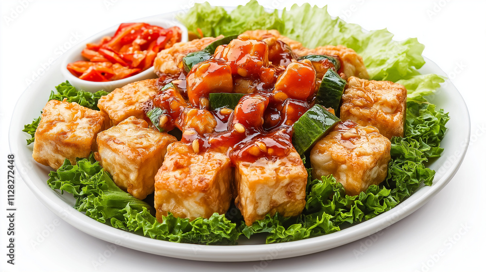 Delicious PanFried Tofu Cubes in Sweet Sauce with Lettuce. Generative Ai. Delicious PanFried Tofu Cubes in Sweet Sauce with Lettuce. Generative Ai.