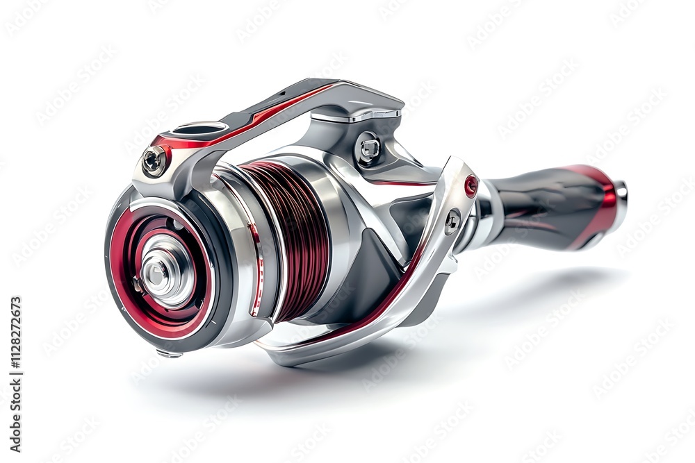 Fishing reel chrome and red metallic finish, high-detail, product photography on a white background Fishing reel chrome and red metallic finish, high-detail, product photography on a white background