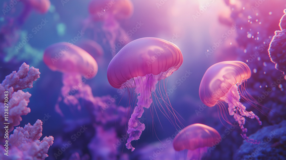 Fototapeta premium Pink Jellyfish Underwater Scene Ocean Life, Coral Reef, Aquatic. Generative Ai.