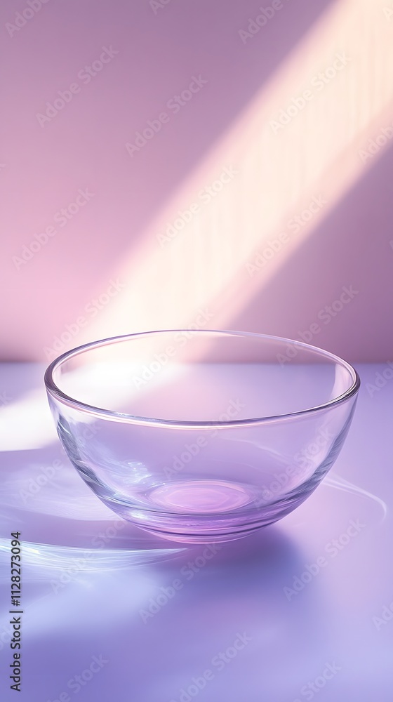 Empty glass bowl on pink and purple background with sunbeam shadow. Empty glass bowl on pink and purple background with sunbeam shadow.