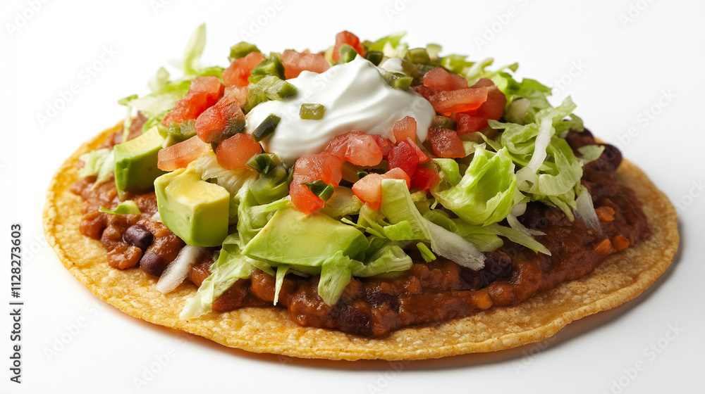 Delicious Mexican Taco Topped with Avocado, Lettuce, and Sour Cream. Generative Ai. Delicious Mexican Taco Topped with Avocado, Lettuce, and Sour Cream. Generative Ai.