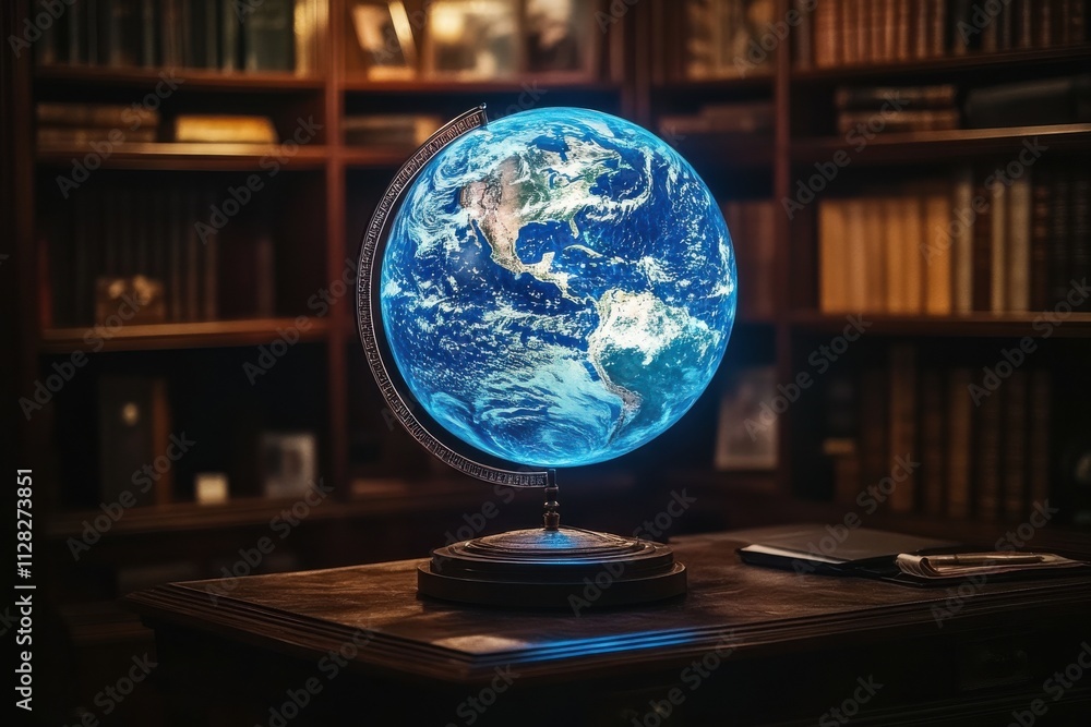 Dramatic Globe Floating Above Dark Desk in Room Setting Dramatic Globe Floating Above Dark Desk in Room Setting