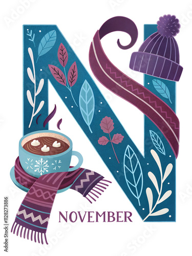 Big letter N - November. Hello November typography for calendar, poster, card. November illustration isolated on white background. ai generation photo