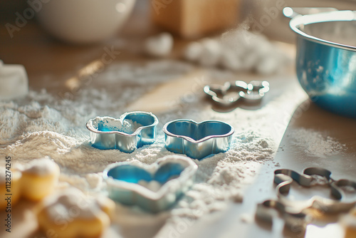 A joyful family baking heart-shaped cookies together in a brightly lit kitchen, with flour and cookie cutters scattered around. Ai generated photo