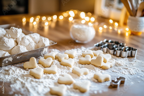 A joyful family baking heart-shaped cookies together in a brightly lit kitchen, with flour and cookie cutters scattered around. Ai generated photo