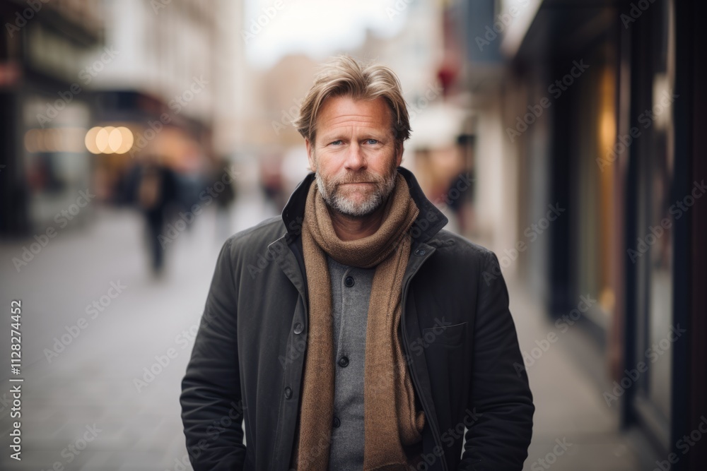 Portrait of a handsome middle-aged man wearing a coat and scarf in the city. Portrait of a handsome middle-aged man wearing a coat and scarf in the city.