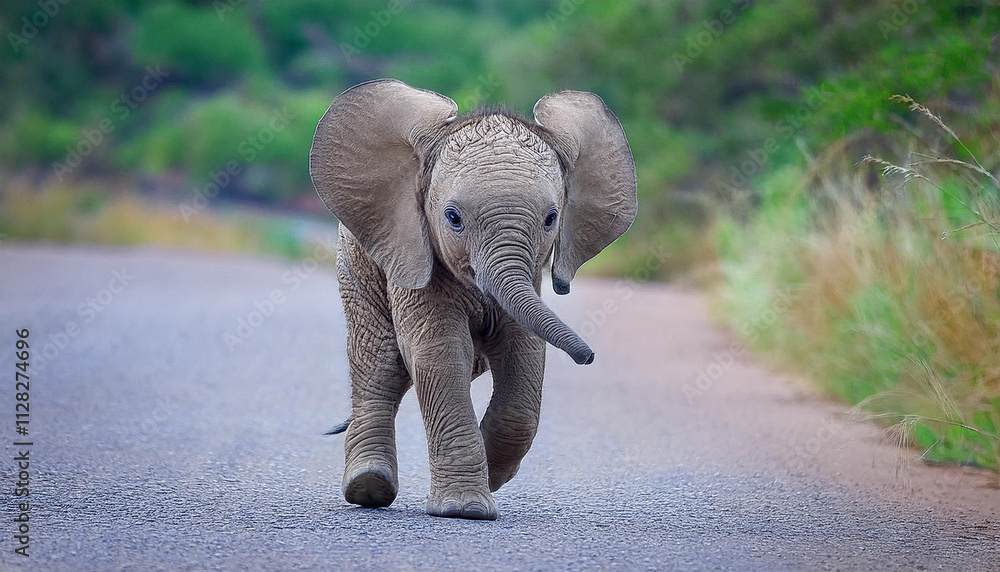 Obraz premium A Cute baby elephant running along the road with a blurred background