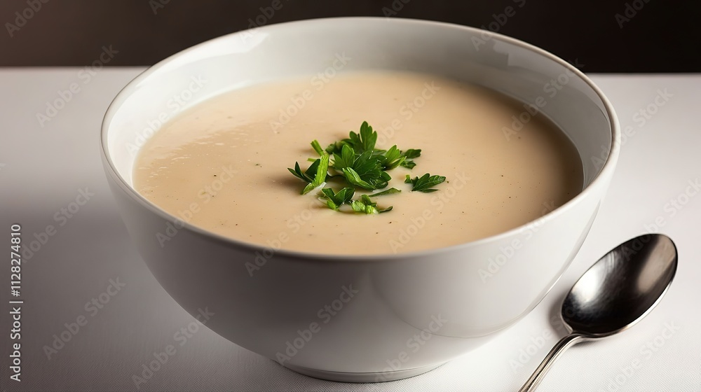 bowl of creamy gluten-free soup garnished with fresh parsley placed on clean white table with spoon beside it bowl of creamy gluten-free soup garnished with fresh parsley placed on clean white table with spoon beside it