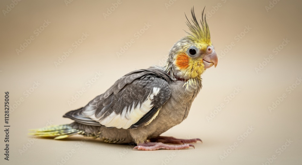 Young cockatiel with vibrant plumage on neutral background for pet care and ornithology decor Young cockatiel with vibrant plumage on neutral background for pet care and ornithology decor