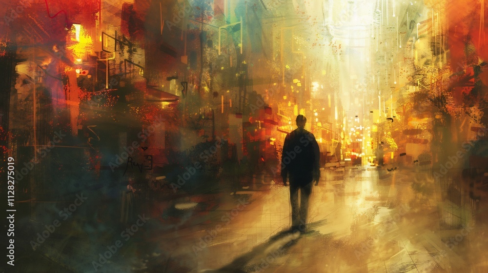 Solitary Figure in a Dreamlike Cityscape