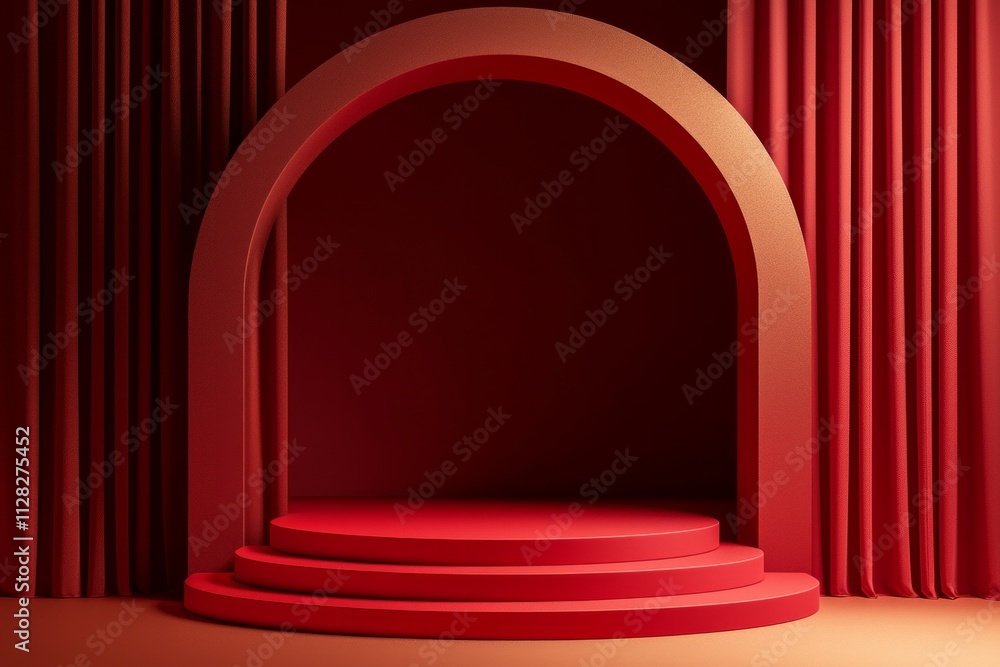 Red podium scene with an arch and red curtain on the right, creating a sense of depth. The background is dark brown. Red podium scene with an arch and red curtain on the right, creating a sense of depth. The background is dark brown.