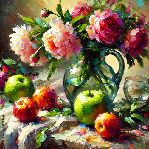 A vivid still-life composition featuring colorful peonies, fresh apples, a glass vase, and dramatic lighting, evoking timeless elegance.