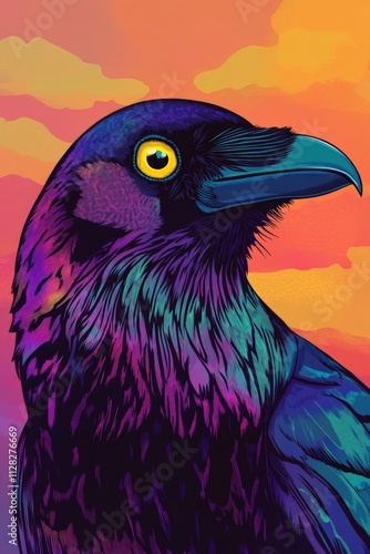 Vibrant Abstract Raven Portrait Against Colorful Sunset Sky â€“ Eye-catching Digital Art for Nature and Wildlife Themes photo