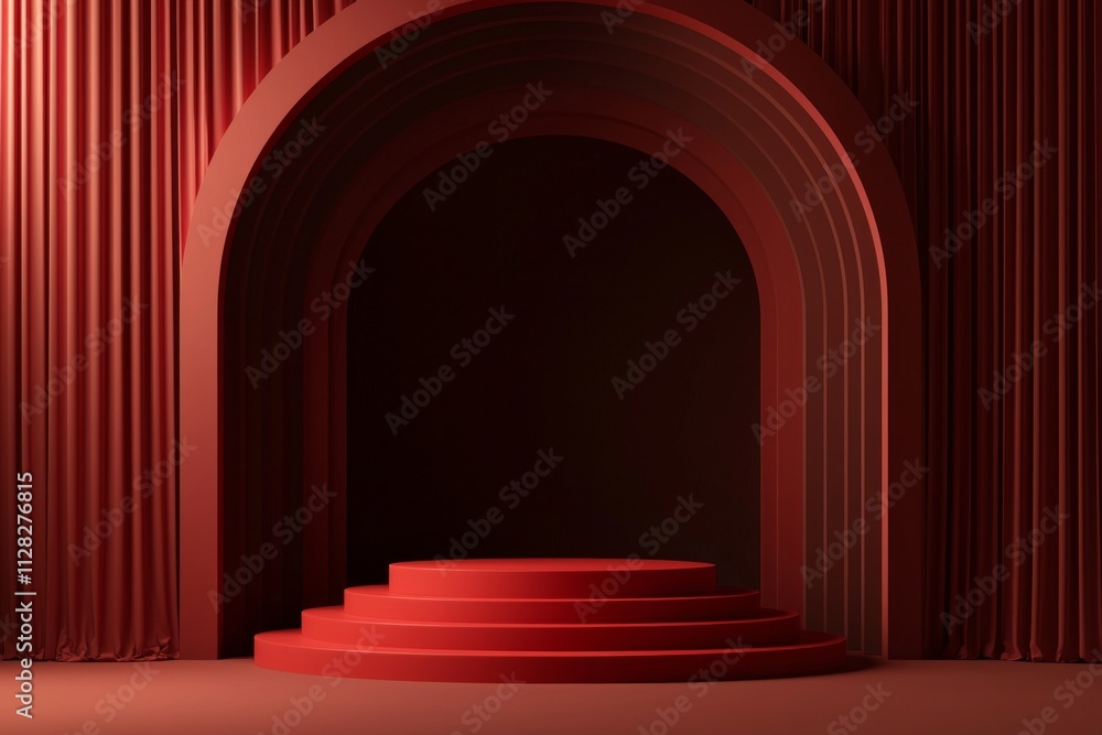 Fototapeta premium Red podium scene with an arch and red curtain on the right, creating a sense of depth. The background is dark brown.