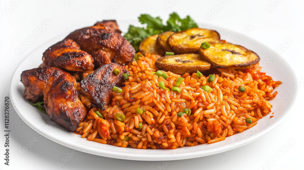 Delicious Jollof Rice with Grilled Chicken and Fried Plantains. Generative Ai. Delicious Jollof Rice with Grilled Chicken and Fried Plantains. Generative Ai.