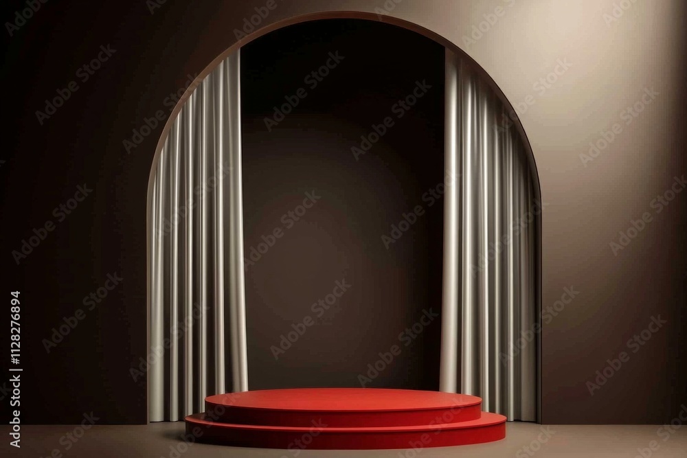 Silver podium scene with an arch and silver curtain on the right, creating a sense of depth. The background is dark brown. Silver podium scene with an arch and silver curtain on the right, creating a sense of depth. The background is dark brown.