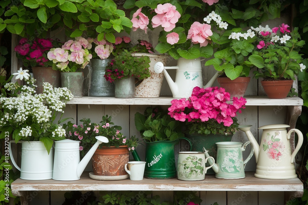 Obraz premium A collection of vintage watering cans arranged on a shabby chic garden shelf
