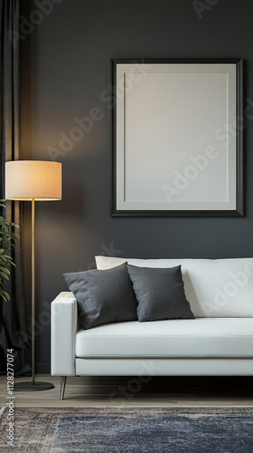 modern living room interior with a sleek white sofa adorned with dark gray pillows, a stylish floor lamp providing soft lighting, and a large empty frame on the dark gray wall for artwork or photos