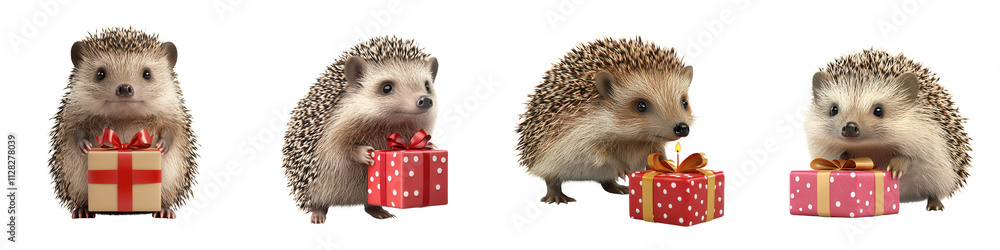 Obraz premium Cute hedgehogs with birthday presents, celebrating joyfully together, isolated on transparent background.