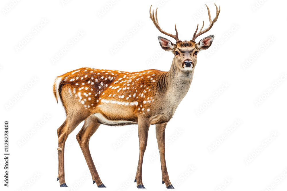 Fototapeta premium A majestic deer standing tall in a natural pose with its impressive antlers, showcasing its beautiful fur against a white isolated background.