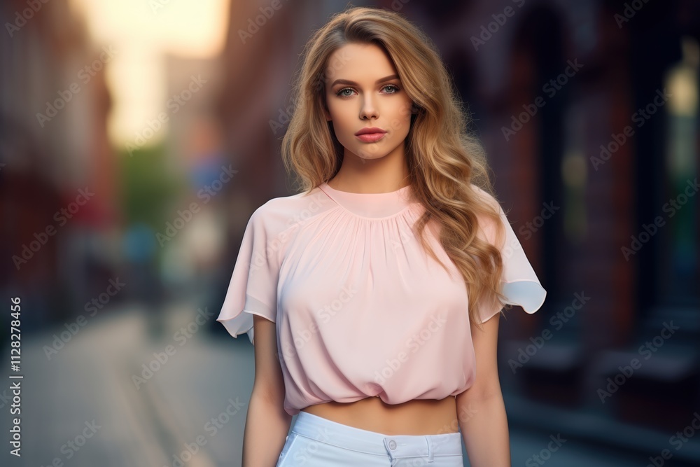 A woman in a pink shirt and white pants is standing on a city street A woman in a pink shirt and white pants is standing on a city street