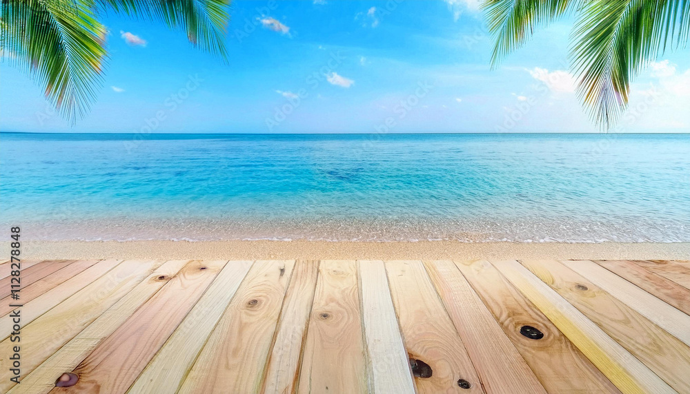 A wooden floor or plank on sand beach in summer. For product display.Calm Sea and Blue Sky Bach A wooden floor or plank on sand beach in summer. For product display.Calm Sea and Blue Sky Bach