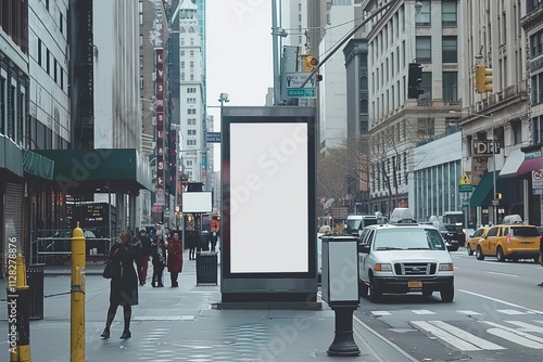 Blank billboard on a busy city street with wet pavement reflecting lights, surrounded by towering buildings, pedestrians, and cars under an overcast sky photo